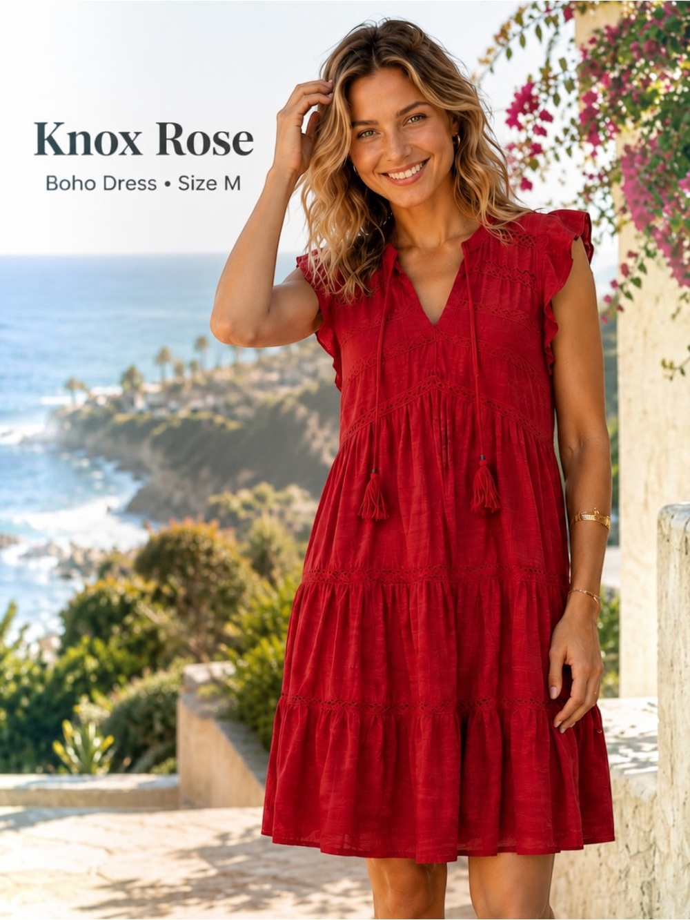 Knox Rose Red Boho Tiered Dress Flutter Sleeve Lace Trim Tassel Tie Medium NWT